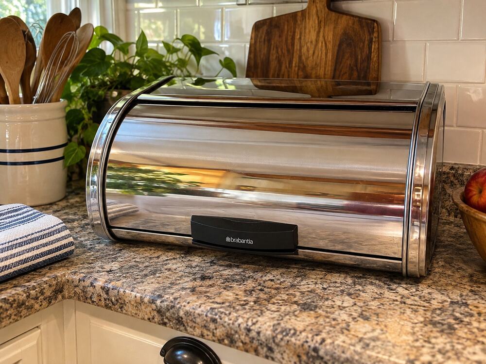 Brabantia Stainless Steel Roll Top Bread Box Chrome Countertop Bread Bin